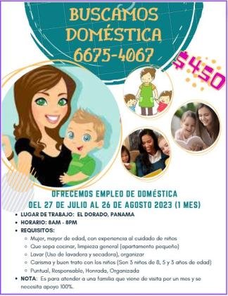 BUSCAMOS DOMESTICA POR UN MES - $450.00 (EL MES)